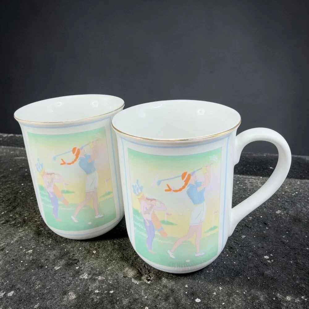 Otagiri Woman Lady Golfer Golf Curtis Swann Coffee Mug Cup Japan Ceramic‎ Set 2